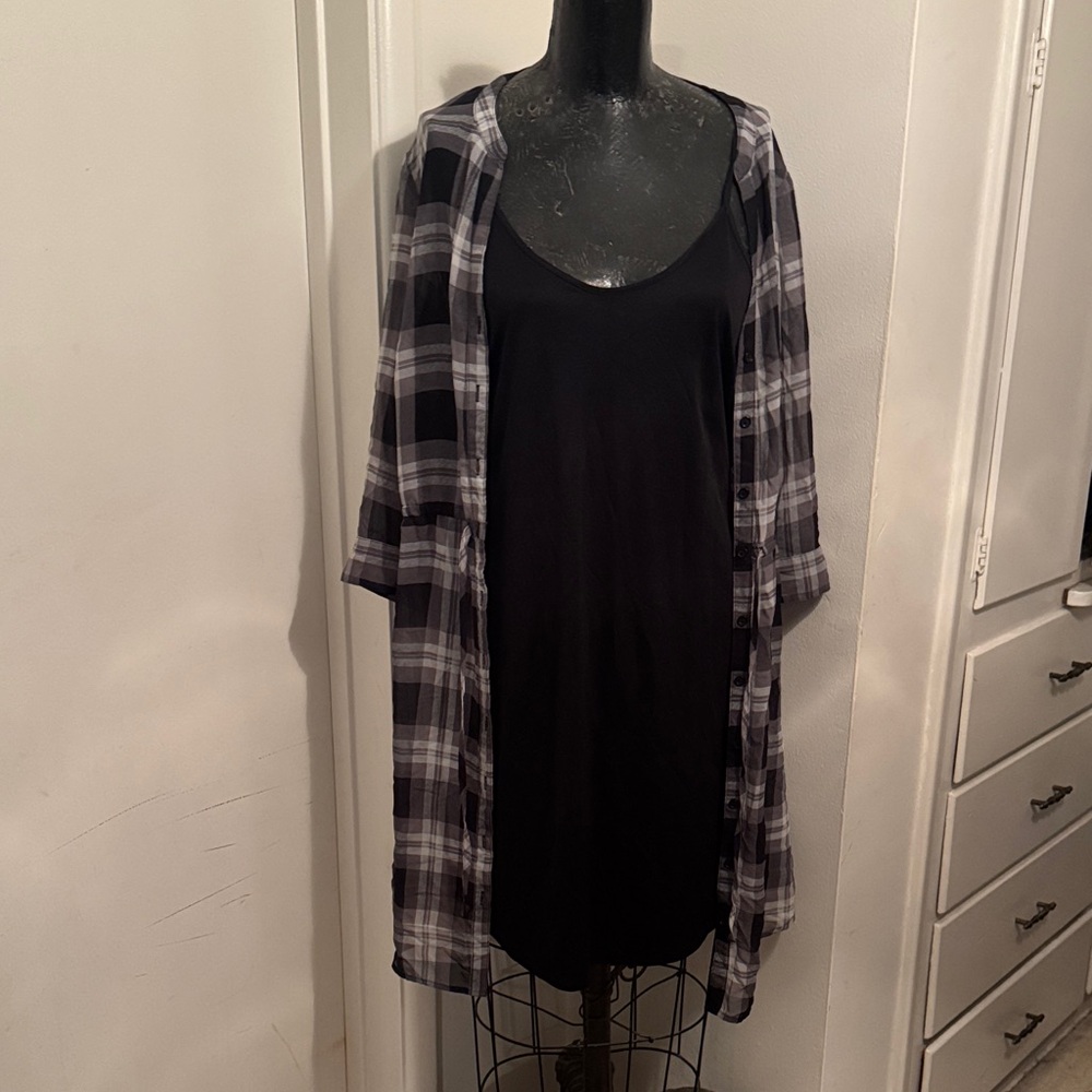 Black Dress with Plaid Shirt Overlay